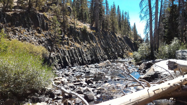 Postpiles lining the river banks, Devil's Postpile National Monument, California