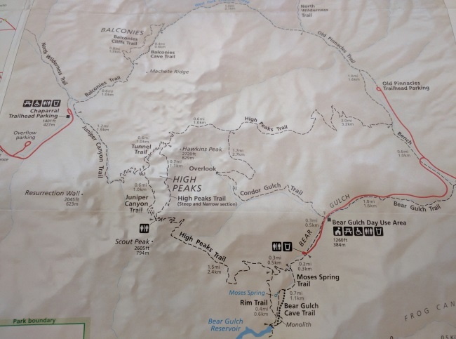 Trail Map of Pinnacles National Park, CA