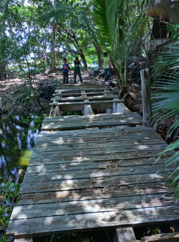 Boys peer pressuring me to cross 1 of 4 broken bridges that connected the islets on the lilly pond at Punalu'u Beach, Big Island, HI