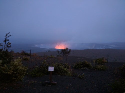 Daytime Lava lake at Halema'uma'u Crater from Jaggar Museum at LOW lava levels,Hawaii Volcanoes NP, Big Island, HI