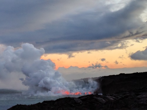 Lava Falls falling directly into the Pacific Ocean from Kalapana Side, Big Island, HI