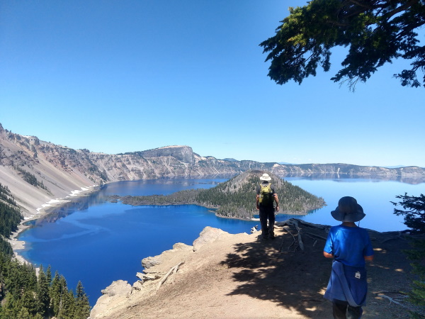 A close-up view of Wizard Island's cinder cone along the Discovery Point Trail, Crater Lake, OR