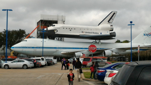 Space Shuttle sitting atop a 747 Shuttle Carrier Aircraft jumbo jet, Houston, Texas